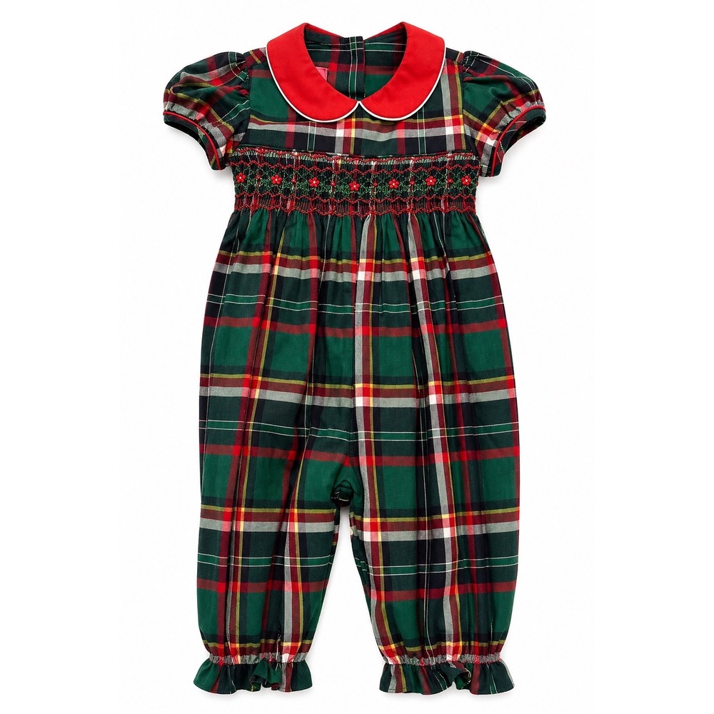 NEW Claire & Charlie Girls Green Plaid Hand Smocked Holiday Longall Jumpsuit 18M